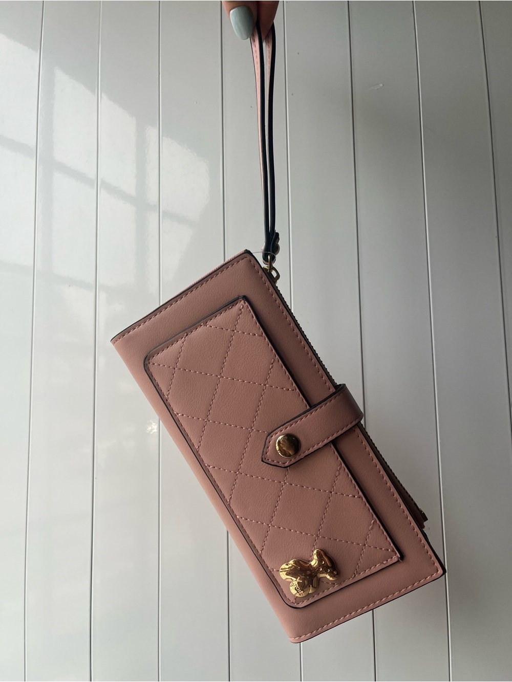 Quilted Pink Leather Wristlet Wallet with Gold Accent